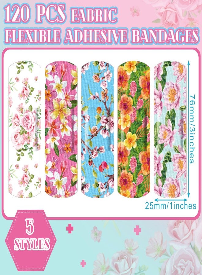 Threlaco ضمادات قماشية لاصقة مرنة من ثريلاكو، 120 قطعة، بأشكال وأنماط متنوعة، ضمادات قماشية صغيرة ملونة وجميلة مع وسادة غير لاصقة، 3 × 1 بوصة، للجروح والخدوش، للنساء (بنقشة زهور). - Image 2